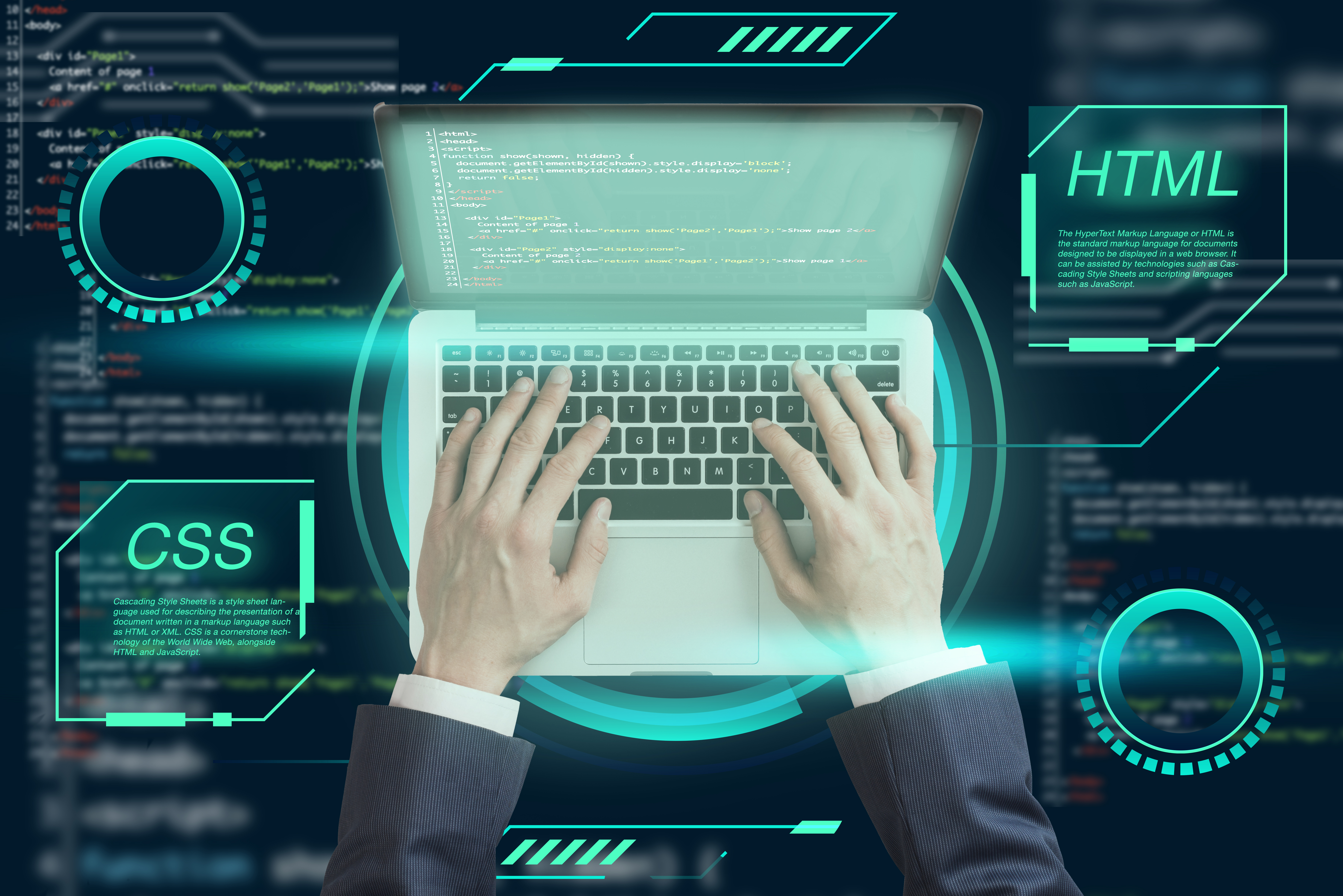 imagen de una laptop siendo manipulada por un usuario mostrando lenguajes de programación